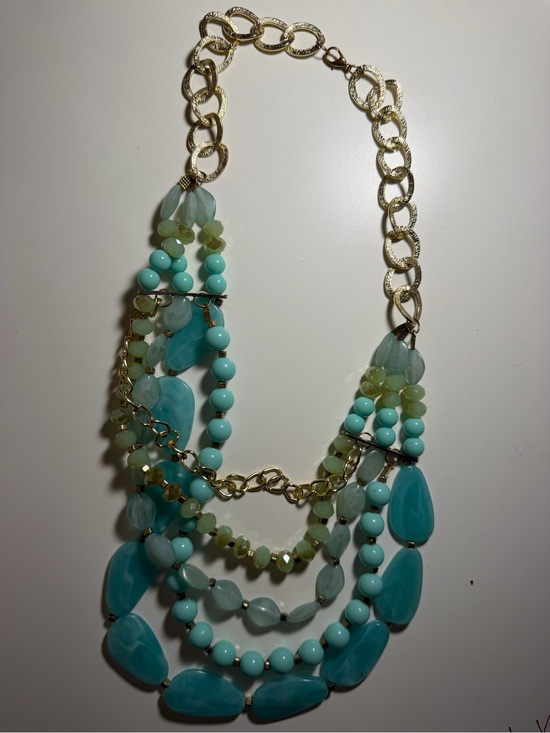 Jewelry - Multi-Strand Aqua Bead Statement Necklace - Gold Chain